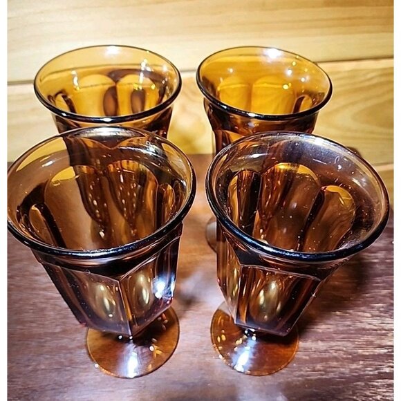 4 VINTAGE IMPERIAL GLASS AMBER ICE TEA GOBLETS/GLASSES WILLIAMSBURG PATTERN Read - Picture 3 of 6